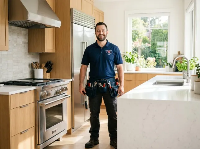 Appliance Repair Hero technician in a Aurora, NY kitchen after an appliance repair