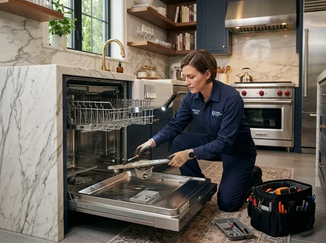 Appliance Repair Hero technician servicing a built-in dishwasher in a Aurora, NY kitchen