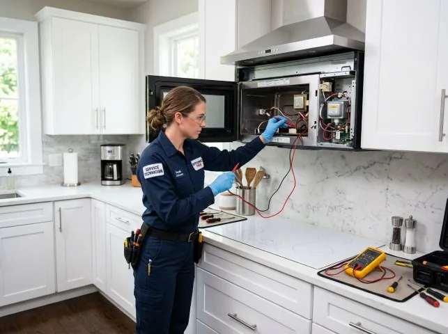 Appliance Repair Hero technician testing an over-the-range microwave in a Aurora, NY kitchen